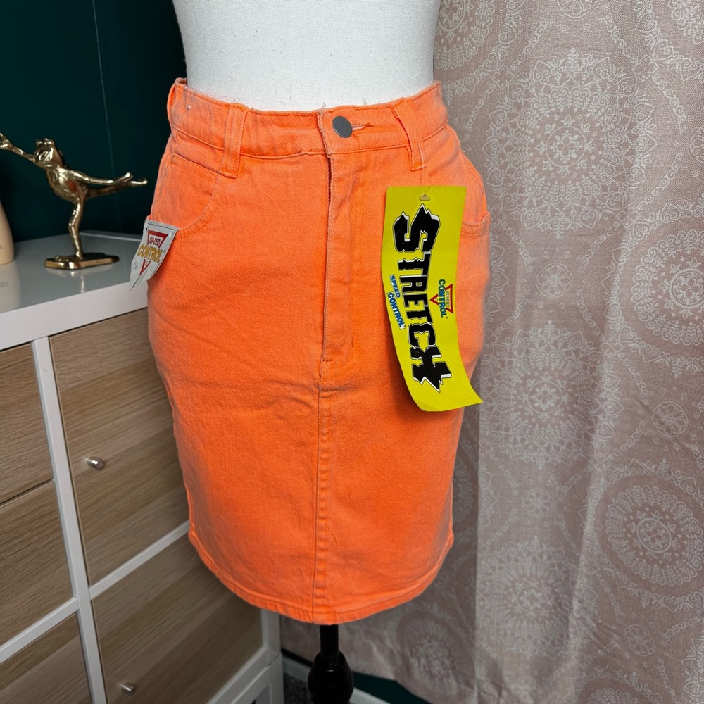 NWT Vintage 80s 90s Speed Neon Washed Orange Denim Mom Skirt High Waisted